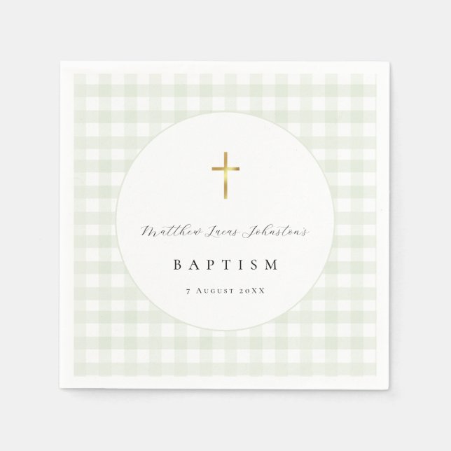 Green Gingham Baby Baptism Paper  Napkin (Front)