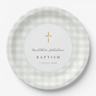 Green Gingham Baby Baptism Paper Plate