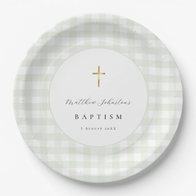 Green Gingham Baby Baptism Paper  Plate (Front)
