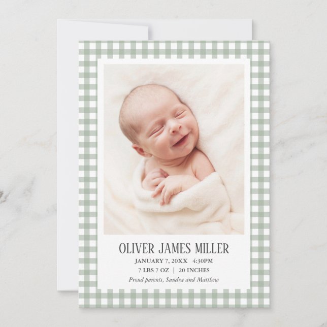 Green Gingham Baby Birth Announcement Photo Card (Front)