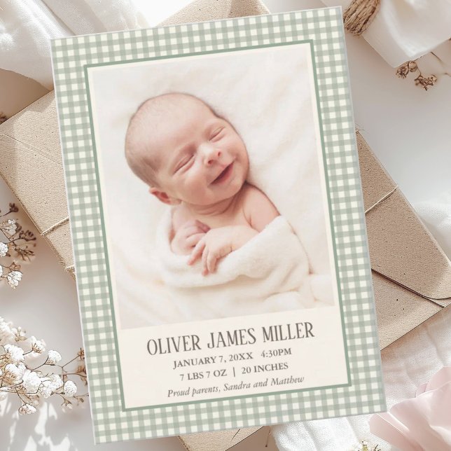 Green Gingham Baby Birth Announcement Photo Card (Creator Uploaded)