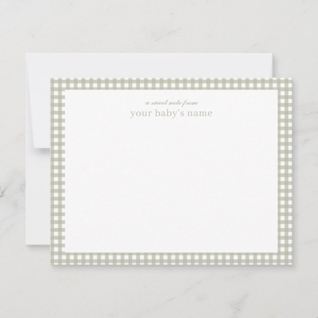 Green Gingham Baby Nursery Note Card (Front)