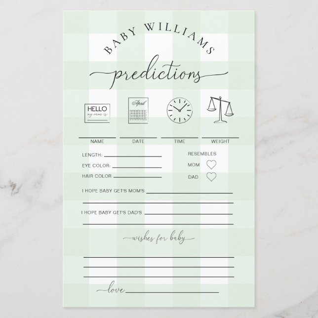 Green Gingham Baby Predictions Game (Front)