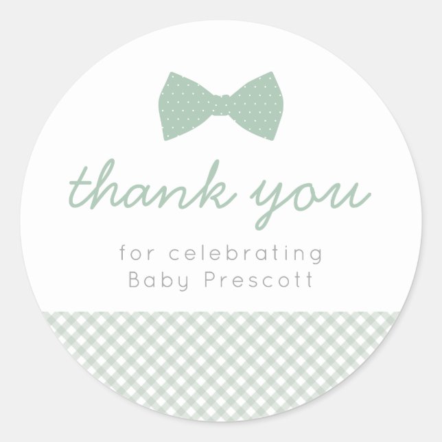Green gingham baby shower thank you classic round sticker (Front)