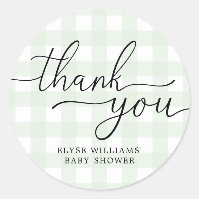Green Gingham Baby Shower Thank You Favour Sticker (Front)