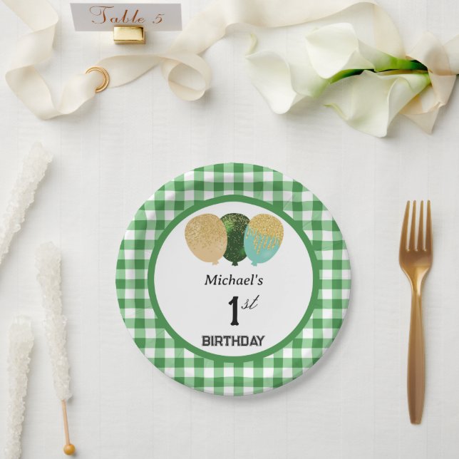 Green Gingham & Balloons 1st Birthday Paper Plate (Wedding)