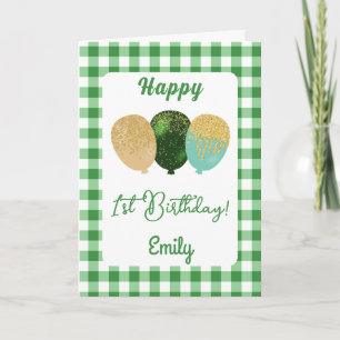 Green Gingham Balloons Kids Birthday Greeting Card