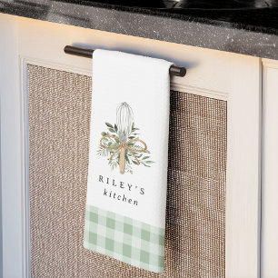 Green Gingham Botanical Whisk Personalized Tea Towel