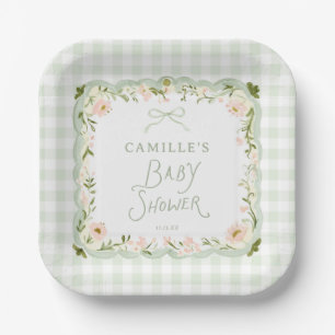 Green Gingham Bow Baby Shower Paper Plates
