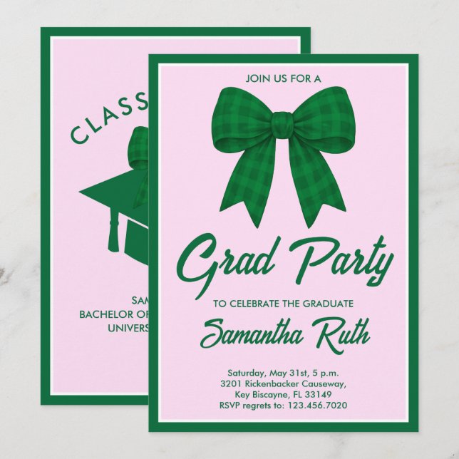 Green Gingham Bow Graduation Party Invitation (Front/Back)
