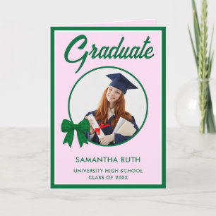 Green Gingham Bow Photo Graduation Card