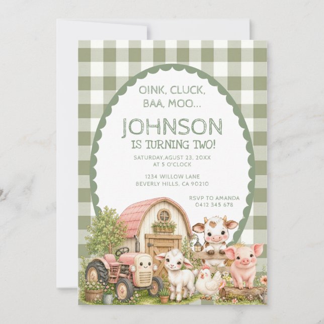 Green Gingham Boy Barnyard Party Animal Invitation (Front)