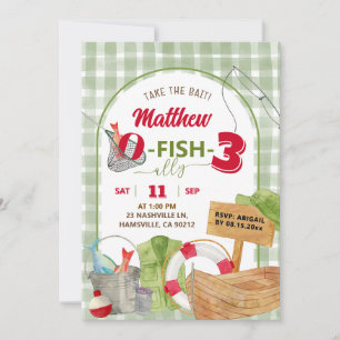 Green Gingham Boy Fishing Birthday Invitation