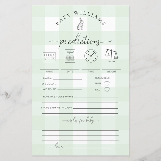 Green Gingham Bunny Baby Predictions Game (Front)