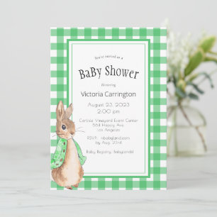 Green Gingham Bunny Rabbit Baby Shower Invitation