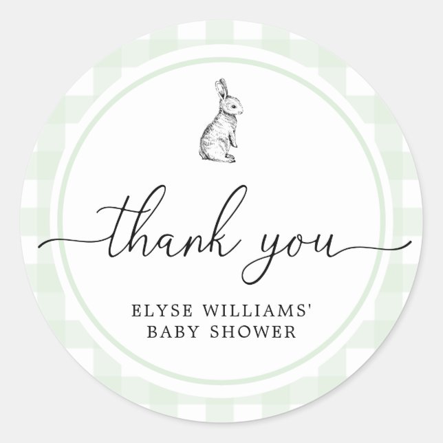 Green Gingham Bunny Rabbit Shower Favour Sticker (Front)