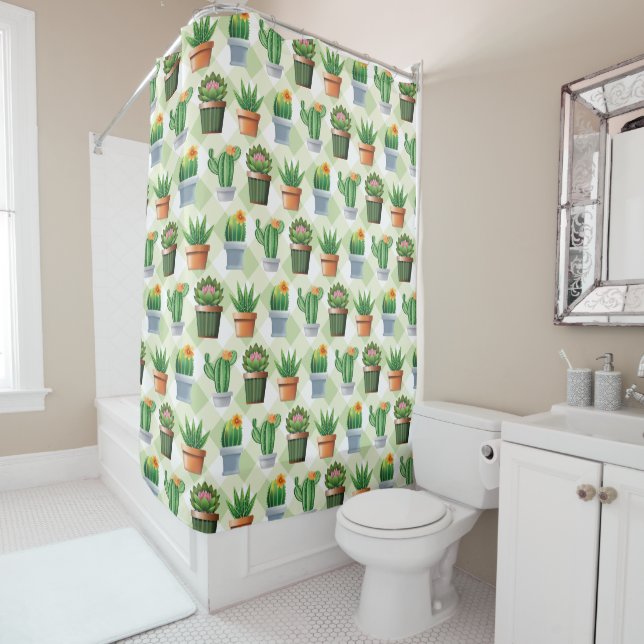 Green Gingham Cactus Pattern Shower Curtain (In Situ)