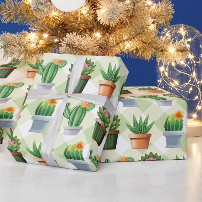 Green Gingham Cactus Pattern Wrapping Paper (Holidays)