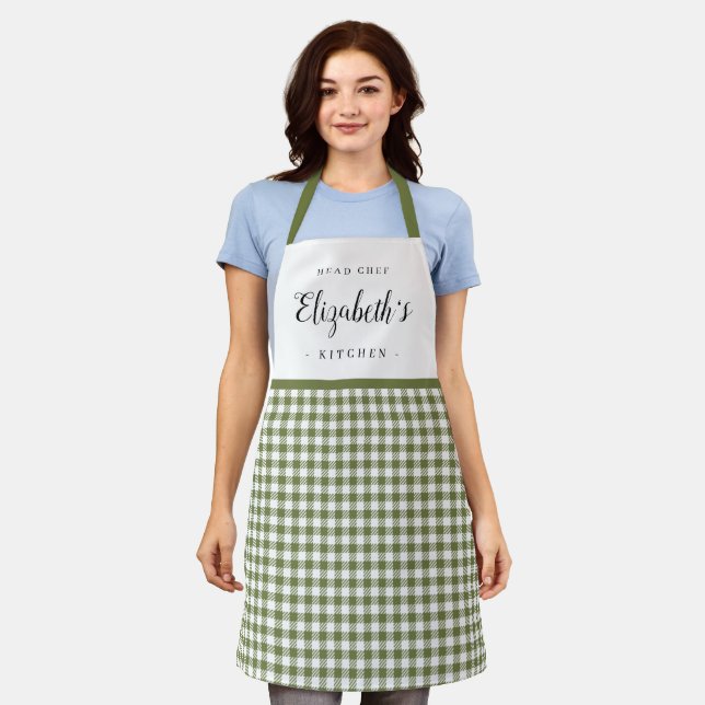 Green gingham check adult personalised cooking apron (Worn)