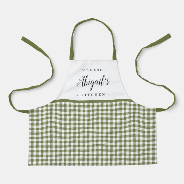 Green gingham check child personalised cooking apron (Front)