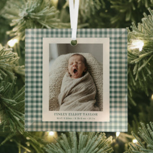 Green Gingham Check Newborn Photo Baby Boy Birth Glass Tree Decoration