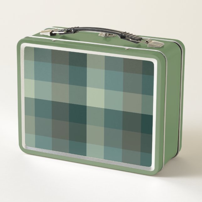 Green Gingham Check Plaid Design  Metal Lunch Box (Back)
