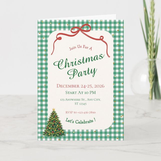 Green Gingham Christmas Party Folded Greeting Card (Front)