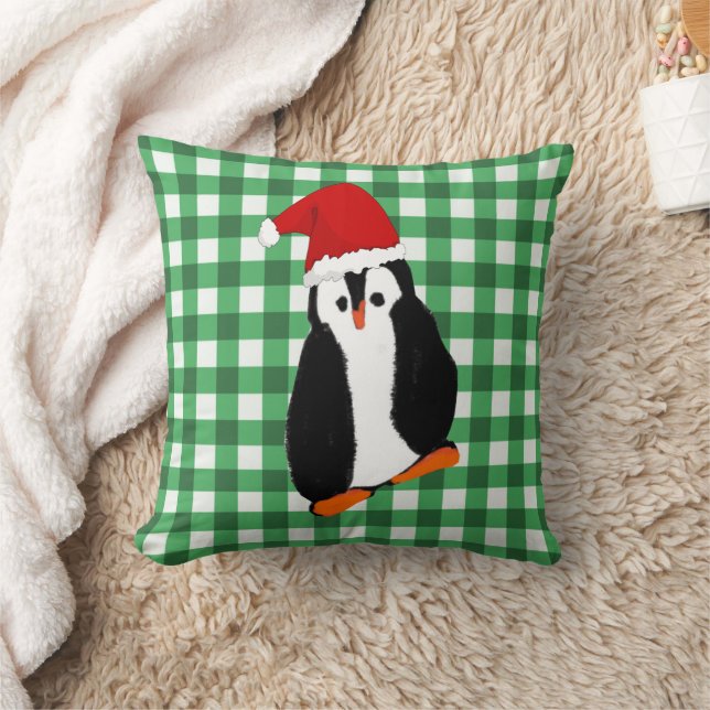 Green Gingham Christmas Penguin and Greeting Cushion (Blanket)
