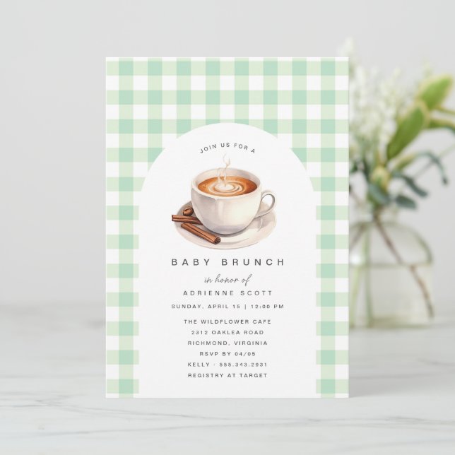 Green Gingham Coffee | Neutral Baby Shower Brunch Invitation (Standing Front)