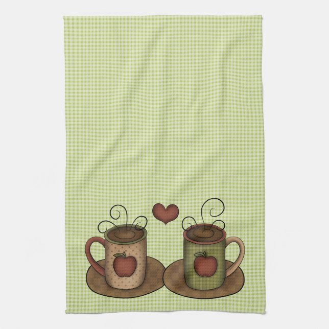 Green Gingham Coffee Time Tea Towel (Vertical)