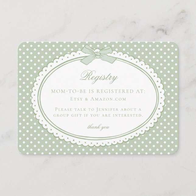 Green Gingham Coquette Bow Baby Registry Enclosure Card (Front)