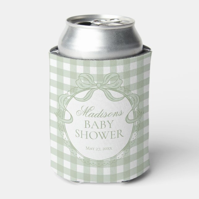 Green Gingham Coquette Bow Baby Shower Favour Can Cooler (Can Front)
