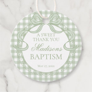 Green Gingham Coquette Bow Baptism Circle Favour Tags