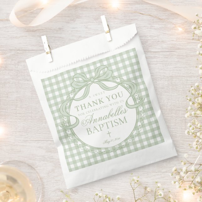 Green Gingham Coquette Bow Baptism Dessert Favour Bags (Clipped)