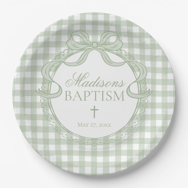 Green Gingham Coquette Bow Baptism Paper Plate (Front)