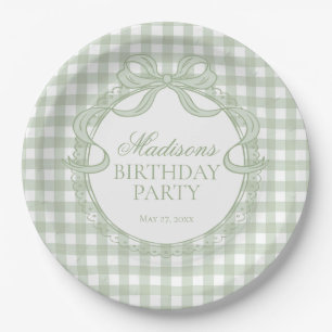 Green Gingham Coquette Bow Birthday Party Paper Plate