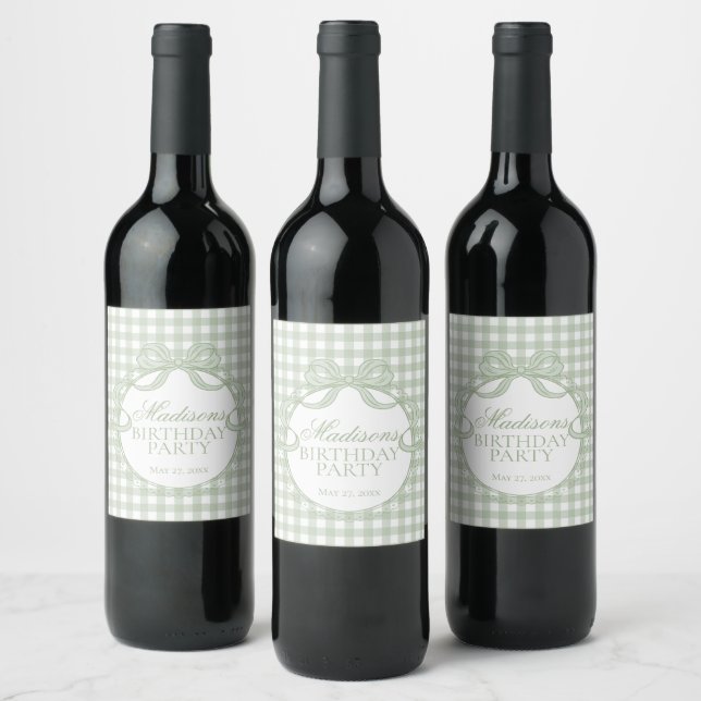 Green Gingham Coquette Bow Birthday Party Wine Label (Bottles)