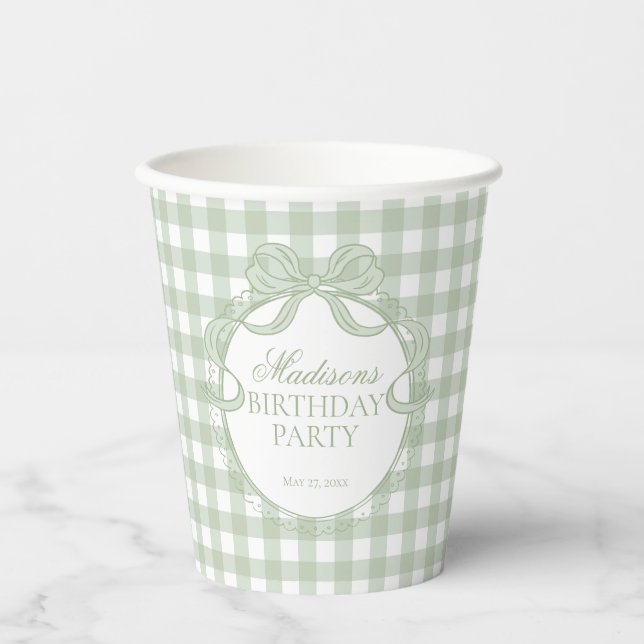 Green Gingham Coquette Bow Bridal Shower Paper Cups (Front)