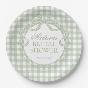 Green Gingham Coquette Bow Bridal Shower Paper Plate