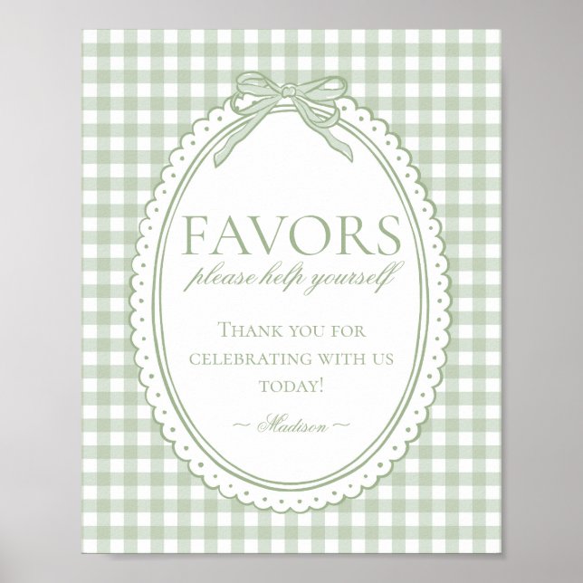 Green Gingham Coquette Bow Favors Sign (Front)