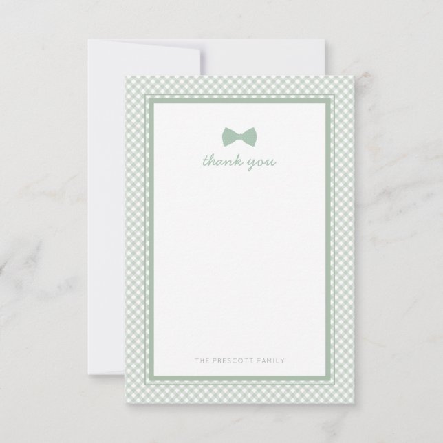 Green gingham cute bow tie baby shower  thank you card (Front)