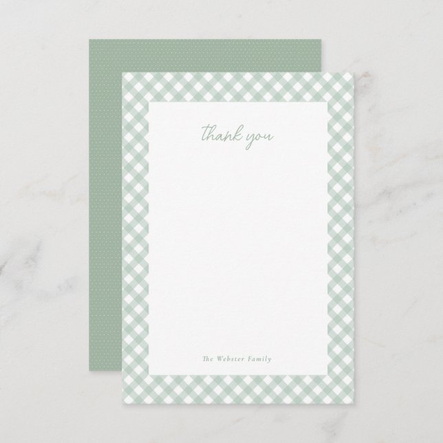 Green gingham cute personalised baby shower thank you card (Front/Back)