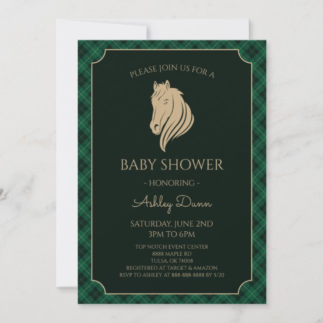 Green Gingham Equestrian Baby Shower Invitation (Front)