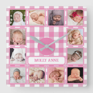 Green Gingham Farmhouse Country 12-photo Collage Square Wall Clock