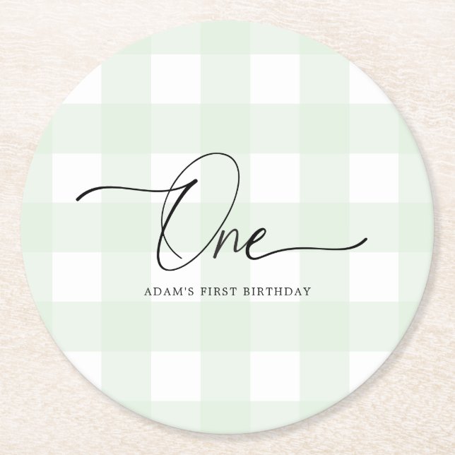 Green Gingham First Birthday Drink Coaster (Front)