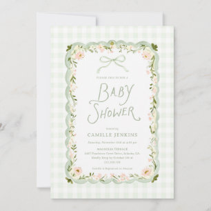 Green Gingham Floral All in One Baby Shower Invitation