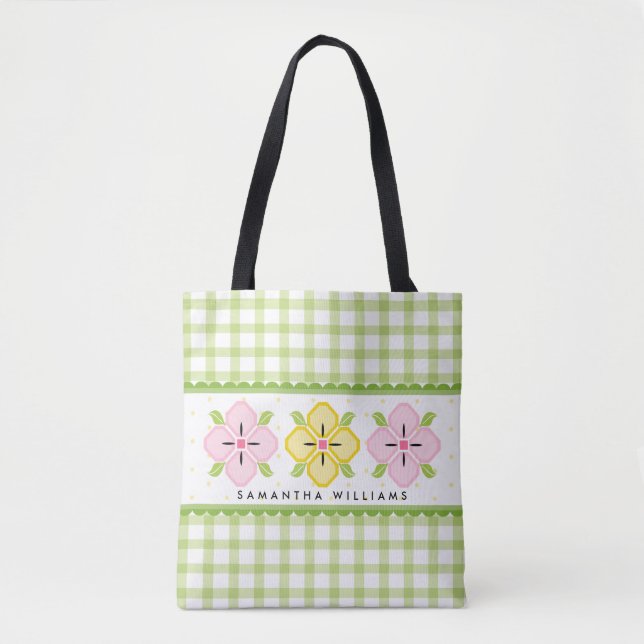 Green Gingham Floral Monogrammed Tote Bag (Front)