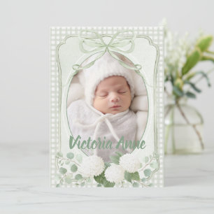 Green Gingham Floral Vintage Birth Announcement