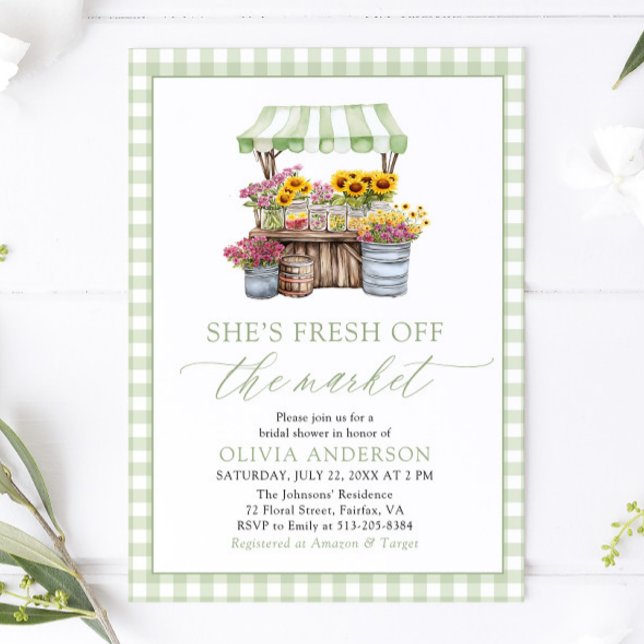 Green Gingham Fresh Off The Market Bridal Shower Invitation (Green Gingham Fresh Off The Market Bridal Shower Invitation)