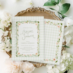 Green Gingham Garden Floral Bridal Shower Invitation